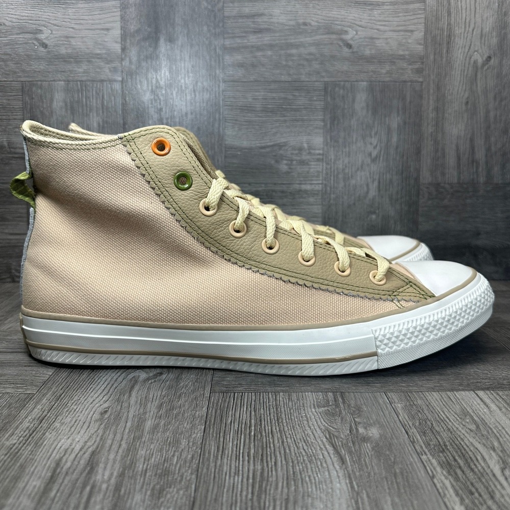 Converse High Top Sneakers Mens 13 Tan Olive Leather Canvas Chucks Diner NEW